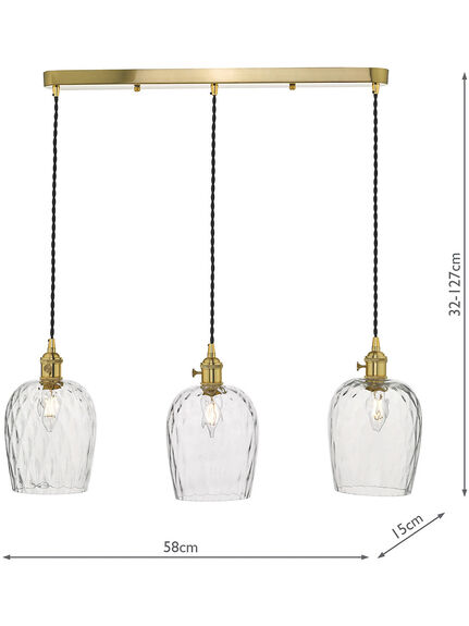 Hadano 3 Light Brass Suspension with Dimpled Glass Shades
