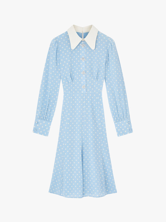 Mathilde Pale Blue and Cream Spot Print Silk Tea Dress