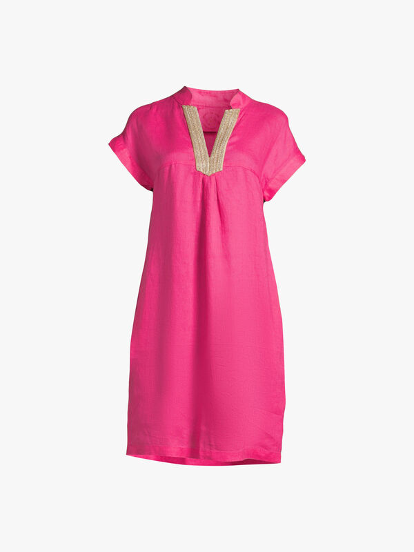 Embellished V Neck Linen Dress