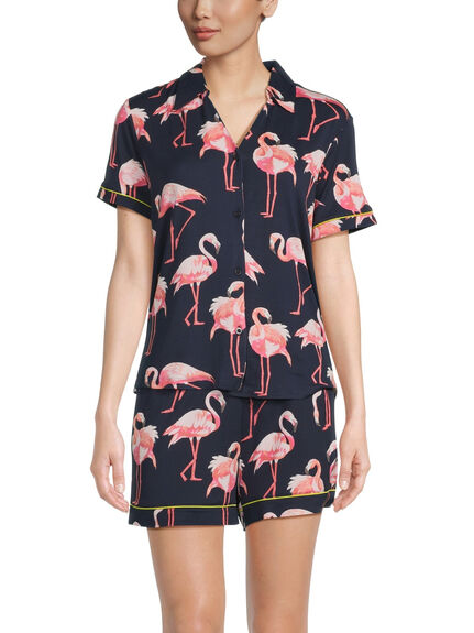 Flamingos V Neck Button Up Short Set