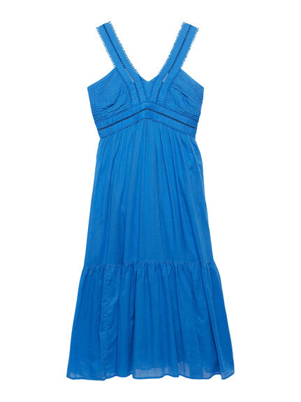 Blue Cotton Pleated Maxi Dress