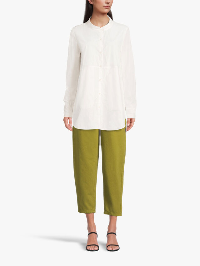 Long Sleeve Mandarin Collar Cotton Applique Shirt with Side Split Pockets