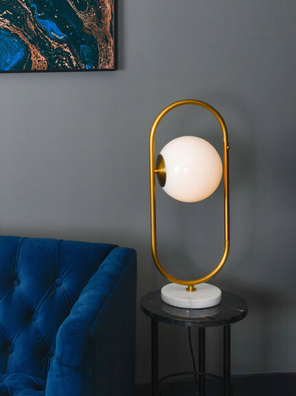 Orbital Milk Glass, Brass and Marble Table Lamp