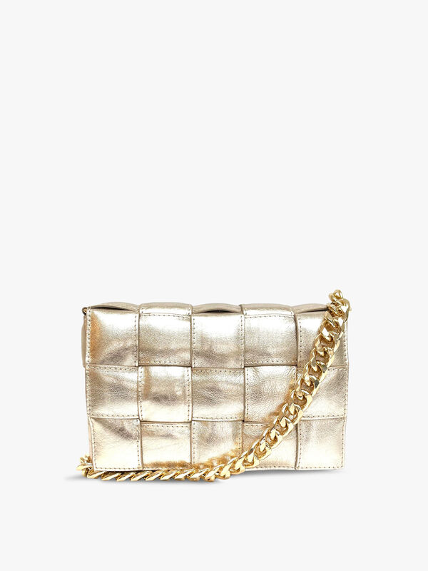 Gold Padded Woven Leather Cross-Body Bag With Gold Chain Strap