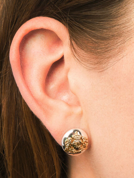 Two Tone Crested Button Earrings