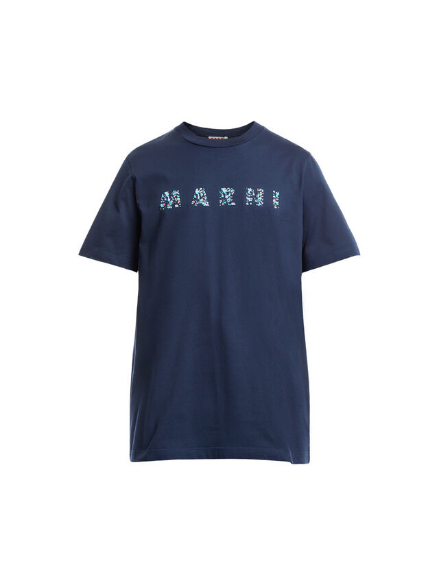 Deep Blue Bio Cotton T-Shirt With Patterned Marni Print