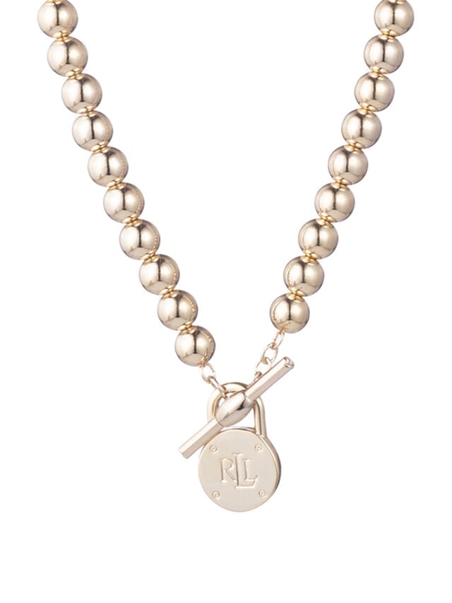 Gold Tone Beaded Toggle Necklace with Lauren Ralph Lauren Padlock