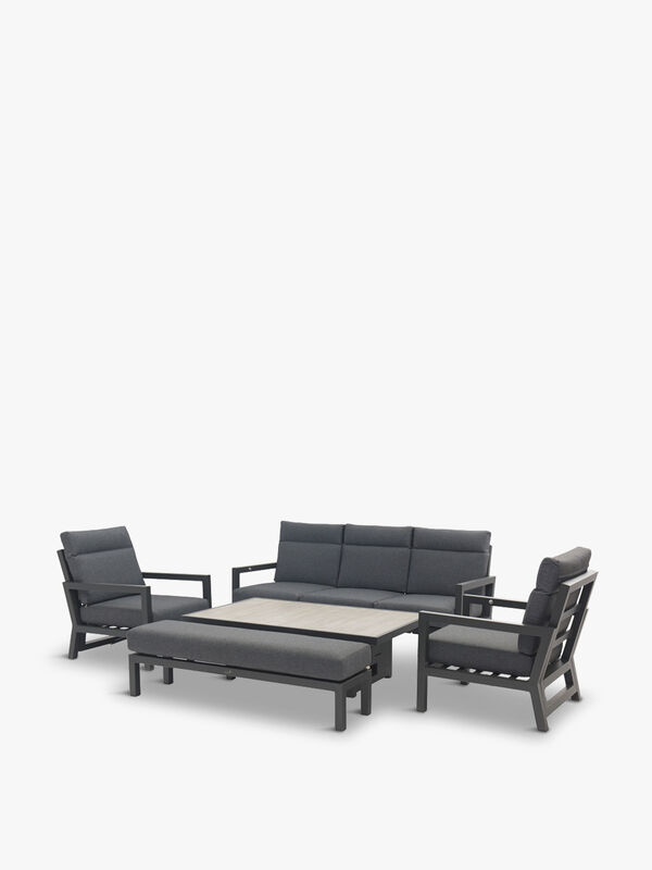 La Rochelle Reclining 3 Seat Sofa, Adjustable Ceramic Top Dining Table, 2 Chairs & Long Bench