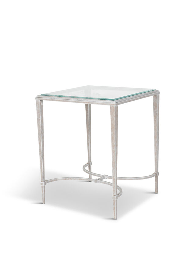 Aria Etched Glass Distressed White Iron End Table