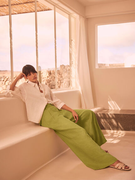 Green Linen Belted Trousers