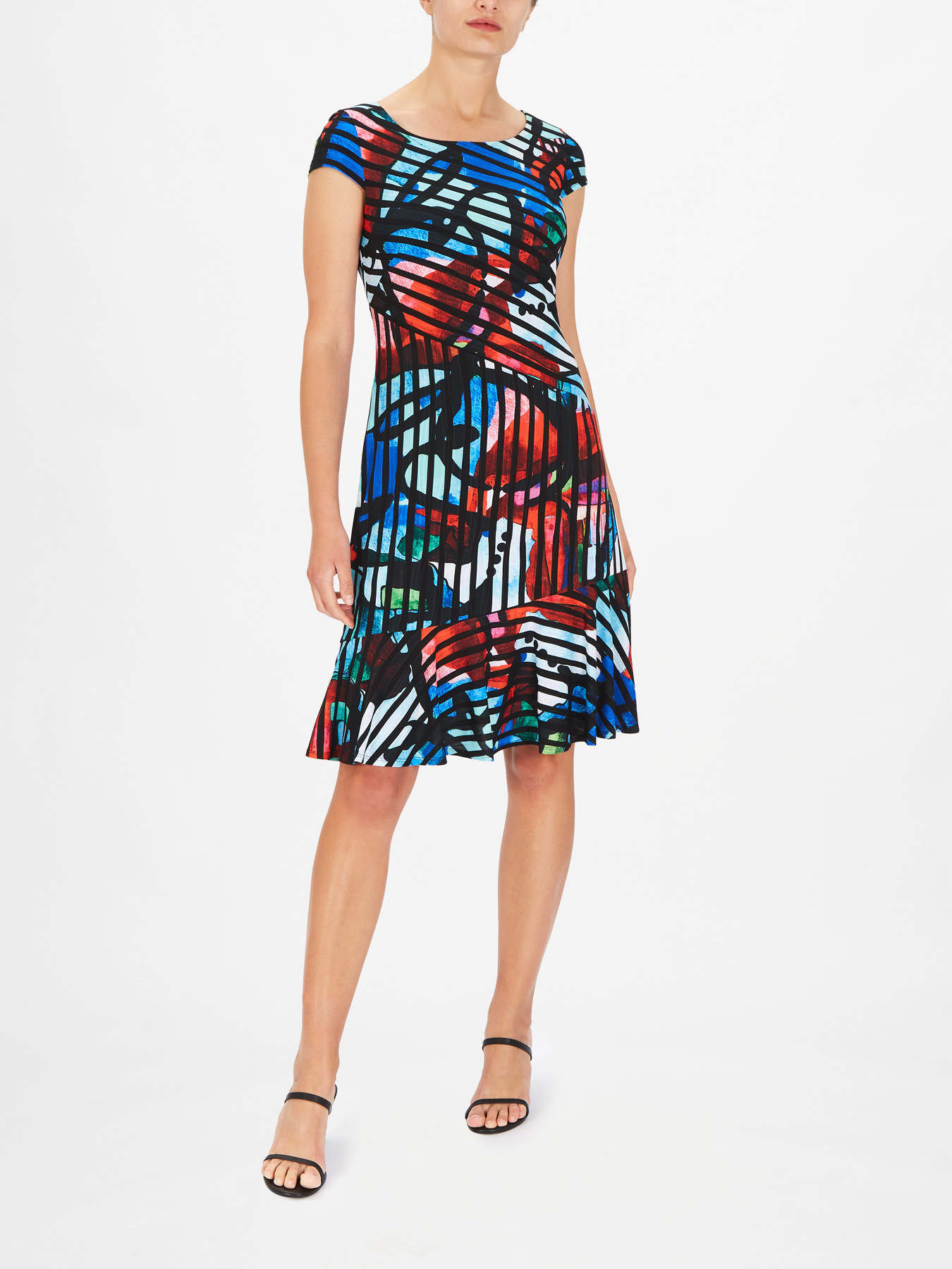 Joseph Ribkoff Cap Sleeve Abstract Print A Line Dress with Ruffle Hem