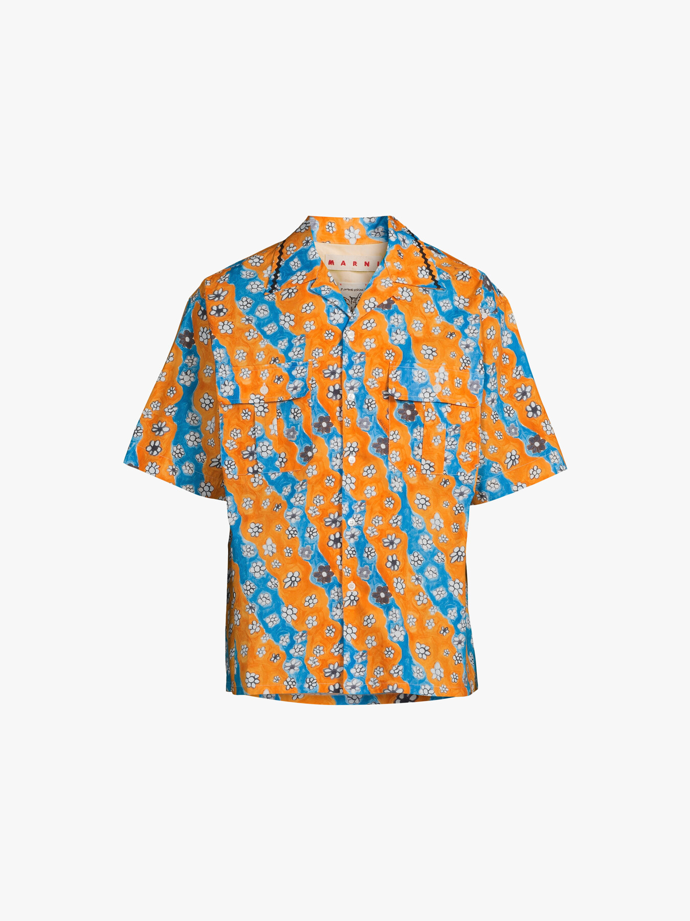 Marni Flowers Cotton Poplin Bowling Shirt In Orange,blue