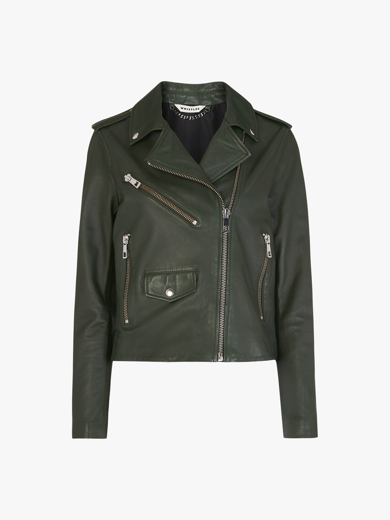 Whistles Agnes Leather Moto Jacket In Dark Green