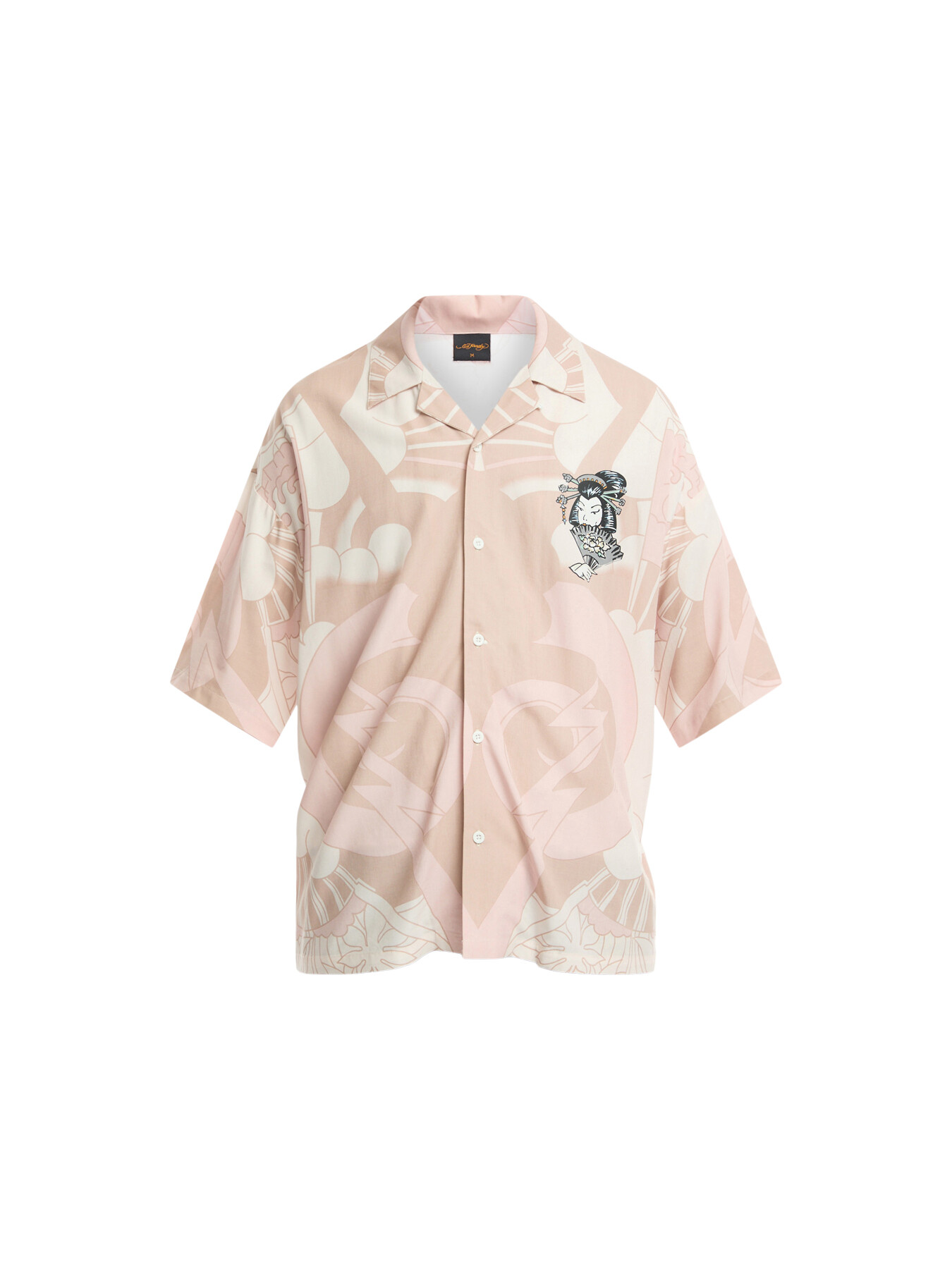 Ed Hardy Men's Shortsleeve Geisha Fan Camp Shirt In Pink